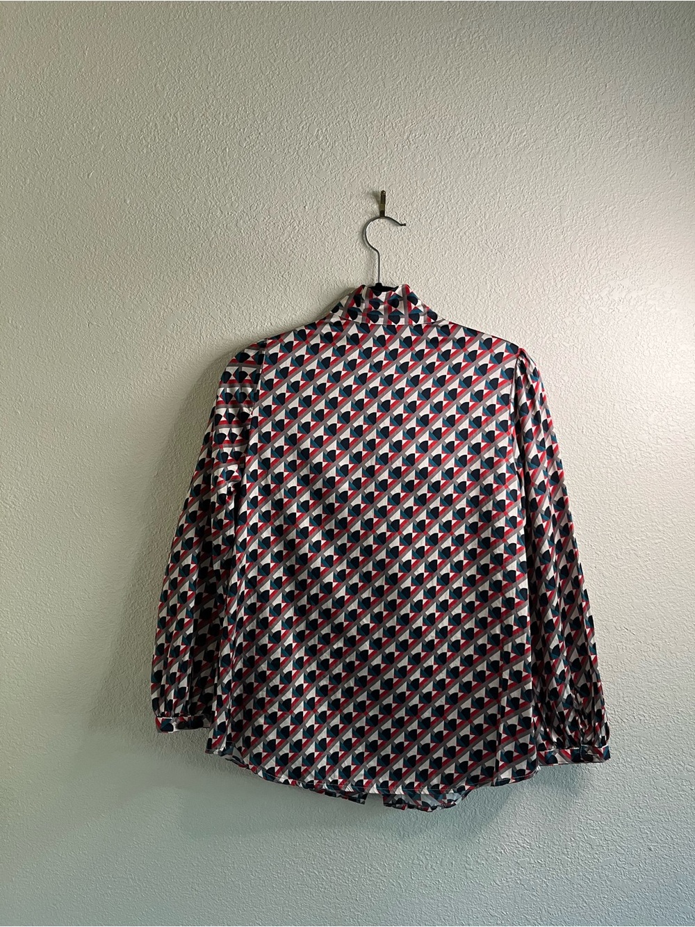 Marc Jacobs Geometric Print Tie-Neck Silk Cotton Shirt - Red/Blue/Grey - Picture 4 of 4